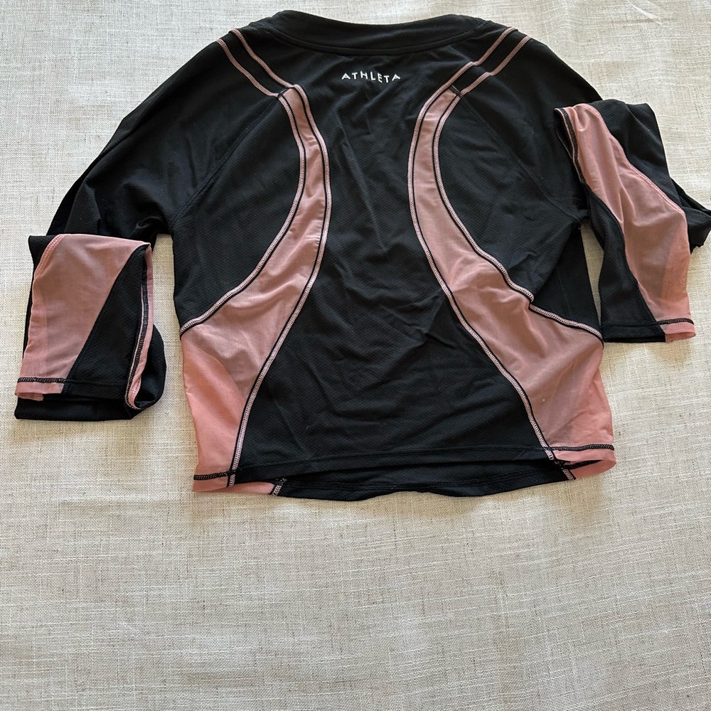 Athleta Black and Pink Jersey Long Sleeve Top with Asymmetrical Fitted Design